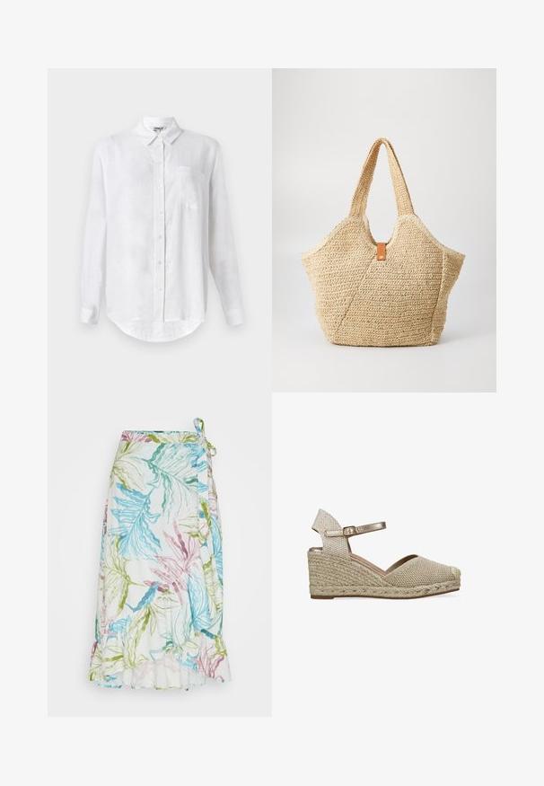 Camisa blanca de manga larga hecha de lino con cuello abotonado, un bolsillo en el pecho y dobladillo redondeado. Cuenta con cierre frontal estándar con botones.; Thought LAUREL WRAP MIDI SKIRT - Falda acampanada - multi; Sandalia espadrile de cuña tejida en beige con tira en el tobillo y hebilla, suela trenzada de yute y punta cerrada.; Gran bolsa de paja con un exterior texturizado en color beige y dos asas anchas. Presenta una correa de acento de cuero para el cierre.