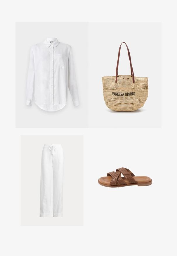 Camisa blanca de manga larga hecha de lino con cuello abotonado, un bolsillo en el pecho y dobladillo redondeado. Cuenta con cierre frontal estándar con botones.; Pantalones de lino blanco con cintura ajustable con cordón, diseño de pierna ancha, dos bolsillos delanteros y textura suave. Dobladillo plano al nivel del tobillo.; Sandalia de cuero marrón tipo 'slide' con dos amplias correas tejidas que cruzan sobre el pie y una suela plana, aislada sobre fondo blanco.; Vanessa Bruno PANIER - Bolso shopping - sable/noir