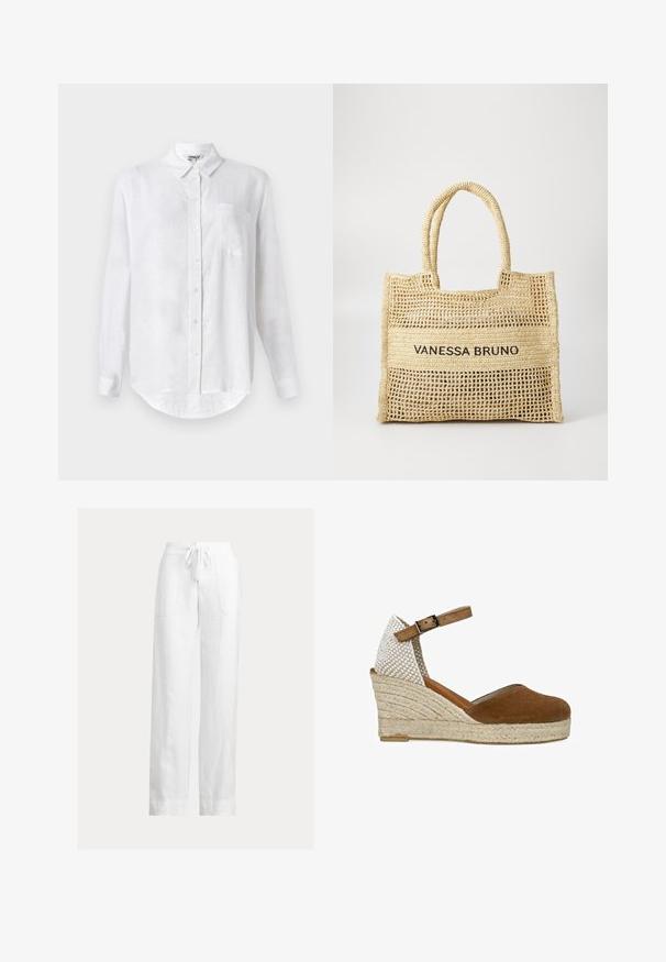 Camisa blanca de manga larga hecha de lino con cuello abotonado, un bolsillo en el pecho y dobladillo redondeado. Cuenta con cierre frontal estándar con botones.; Pantalones blancos de lino con cintura de cordón, diseño de pierna ancha y dos bolsillos laterales. Textura suave con una apariencia ligera y aireada.; Alpargata cuña de ante marrón con plataforma de yute trenzado, correa en el tobillo y panel trasero beige a cuadros sobre fondo blanco.; Bolso tote tejido en color beige con dos asas y "VANESSA BRUNO" impreso en negro sobre un panel tejido sólido en el centro.