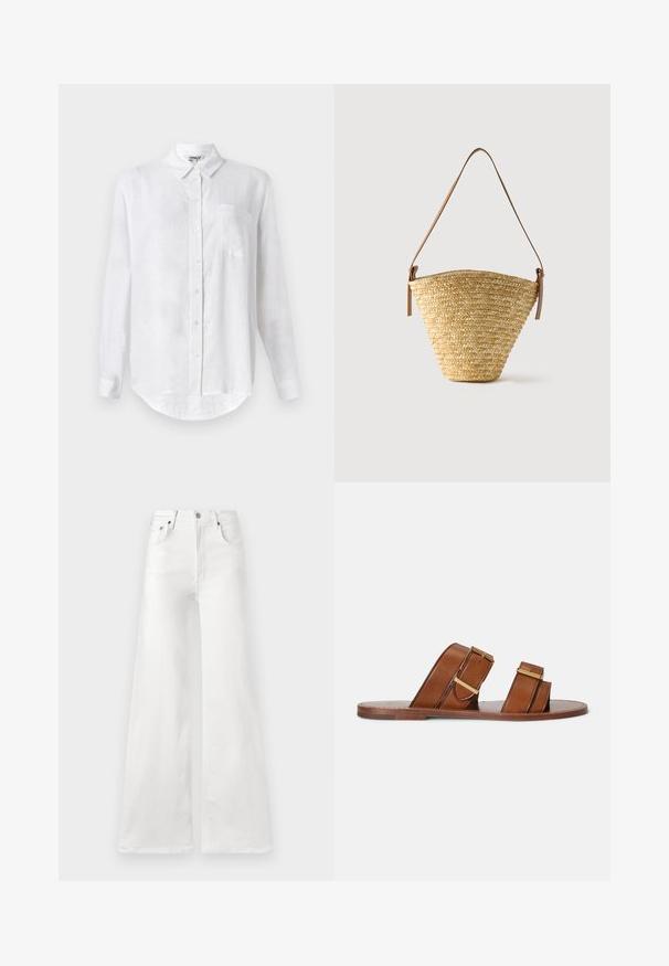 Camisa blanca de manga larga hecha de lino con cuello abotonado, un bolsillo en el pecho y dobladillo redondeado. Cuenta con cierre frontal estándar con botones.; Jeans anchos de tiro alto en color blanco, confeccionados en denim, con cierre de botón y bolsillos tradicionales en el frente y la parte trasera.; Sandalias planas de cuero marrón con dos correas ajustables, hebillas doradas y suela de madera plana.; Bolso tipo cubo de paja tejido con base ancha, parte superior estrecha y correa de hombro ajustable de cuero marrón.