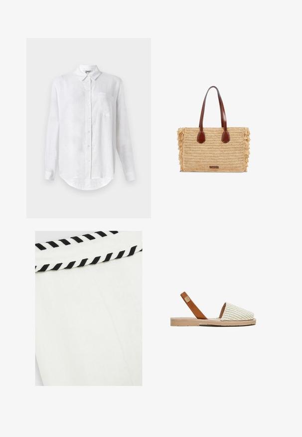 Camisa blanca de manga larga hecha de lino con cuello abotonado, un bolsillo en el pecho y dobladillo redondeado. Cuenta con cierre frontal estándar con botones.; Tela blanca con una superficie texturizada, con un borde trenzado en blanco y negro a lo largo del borde. Diseño simple y suave.; Sandalia plana con tira frontal tejida en beige y correa trasera de cuero marrón, sobre suela color crema claro, vista lateral sobre fondo blanco.; Bolso rectangular tejido de paja con asas de cuero marrón y laterales con flecos, con una pequeña etiqueta frontal.