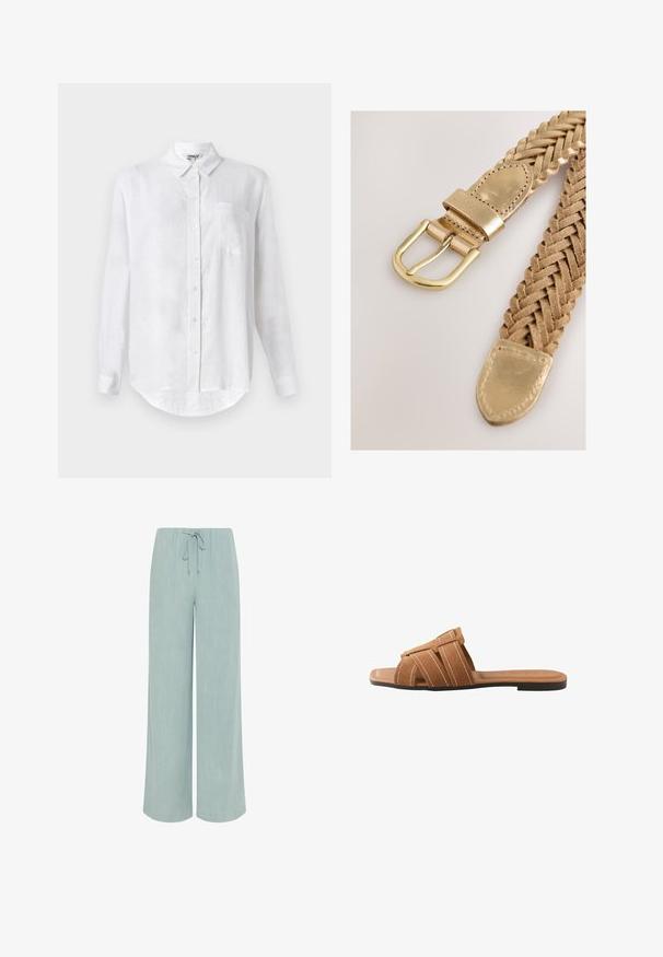 Camisa blanca de manga larga hecha de lino con cuello abotonado, un bolsillo en el pecho y dobladillo redondeado. Cuenta con cierre frontal estándar con botones.; Pantalones de pierna ancha en azul claro con cintura elástica y cordón ajustable frontal, confeccionados en una tela suave y fluida.; Sandalia plana de ante marrón con tres tiras con costuras blancas sobre el pie y suela negra.; Cinturón de cuero trenzado dorado con hebilla de metal, que presenta una correa de cuero lisa y un extremo puntiagudo. Detalle de tejido texturizado evidente.