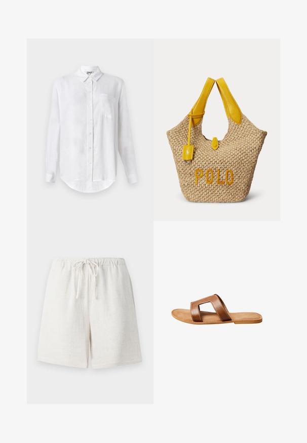 Camisa blanca de manga larga hecha de lino con cuello abotonado, un bolsillo en el pecho y dobladillo redondeado. Cuenta con cierre frontal estándar con botones.; Pantalones cortos de lino en un color blanco cremoso con cintura elástica y cordón. Presentan una superficie texturizada y un diseño holgado.; Sandalia deslizante de cuero marrón con una correa ancha que presenta un recorte rectangular, suela plana y costuras blancas visibles sobre un fondo blanco.; Bolsa tote tejida beige con asas de cuero amarillo, una pequeña etiqueta de cuero amarilla y la palabra "POLO" bordada en amarillo en el frente.