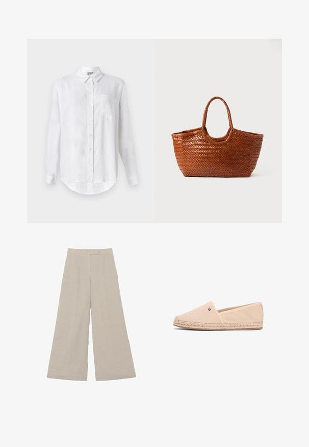 Hvid langærmet skjorte lavet af hør med button-down krave, enkelt brystlomme og afrundet nederste kant. Har standard frontlukning med knapper.; Beige vidde bukser med høj talje og skjult frontlukning, lavet af tekstureret stof.; Beige lærredssko uden snørebånd med sål i vævet jute og et lille logo-detalje. Rund snude, minimalistisk design og elastiske sider for pasform.; Vævet brun tote bag med en bred form, flet-håndtag og en struktureret overflade. Har en rund top og et åbent indre.