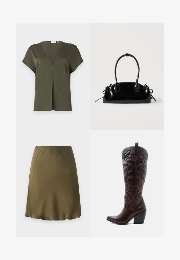 Donkergroen, kortekooien blouse met een V-hals en een plooien aan de voorkant. Glad stof met een relaxte pasvorm en minimale stikdetails.; Olijfgroene satijnen rok met een elastische tailleband, uitlopende stijl en zijsplit. Gladde textuur en knielange snit.; Lange donkerbruine leren cowboylaars met gestikte decoratieve patronen, spitse neus en gestapelde blokhak.; Kleine zwarte glanzende handtas met twee lange hengsels en zijkant trekkoord details op een effen lichte achtergrond.