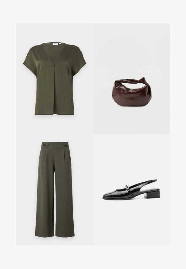 Dunkelolivgrübluse mit kurzen Ärmeln, V-Ausschnitt und vorderer Faltenlegung. Glattes Material mit entspannter Passform und minimalen Nähdetails.; Weite, olivgrüne Hosen aus glattem Stoff; mit zwei schwarzen Knöpfen am Bund und vorderen Falten für zusätzliche Details.; Schwarzer Slingback-Schuh aus Lackleder mit niedrigem Blockabsatz und dünnem Riemen mit silberner Schnalle oben.; Dunkelbraune Lederschultertasche mit weicher, lockerer Form und einem gedrehten Knotengriff vor schlichtem weißem Hintergrund.
