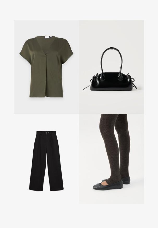 Blusa de manga corta en verde aceituna oscuro, con escote en V y pliegue delantero. Tejido suave con un corte relajado y detalle de costura mínima.; Pantalones negros de cintura alta y pierna ancha con cierre de botón y cremallera, trabillas para cinturón y pliegues delanteros.; Piernas con leggings oscuros acanalados combinados con bailarinas negras que presentan pequeños detalles de lazo sobre un fondo blanco.; Pequeño bolso negro brillante con dos asas largas y detalles de cordón lateral sobre un fondo claro liso.