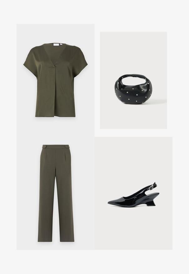 Blusa de manga corta en verde aceituna oscuro, con escote en V y pliegue delantero. Tejido suave con un corte relajado y detalle de costura mínima.; Pantalones verde oliva con un diseño de pierna recta, que presentan dos botones en la cintura y pliegues frontales para un detalle adicional.; Zapato slingback de cuero charol negro con puntera puntiaguda y tacón bajo en bloque inclinado sobre fondo claro liso.; Bolso de mano de cuero negro con forma redondeada, decorado con detalles de tachuelas plateadas y un asa corta. Textura lisa y cierre con cremallera.