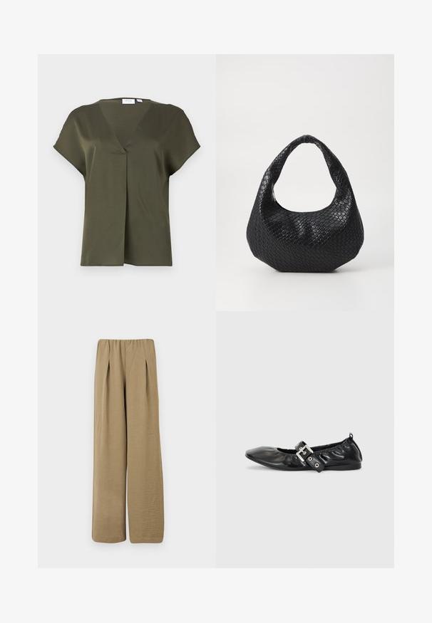 Blusa de manga corta en verde aceituna oscuro, con escote en V y pliegue delantero. Tejido suave con un corte relajado y detalle de costura mínima.; Pantalones beige de talle alto y pierna ancha con pliegues y tela texturizada, mostrados sobre un fondo blanco.; Zapato plano de piel negra con puntera afilada, detalle fruncido alrededor de la abertura y un acento de hebilla plateada en la correa ajustable.; Bolso de mano tejido en negro con un asa curvada, que presenta una superficie texturizada y una forma holgada. Acabado suave con una silueta orgánica.