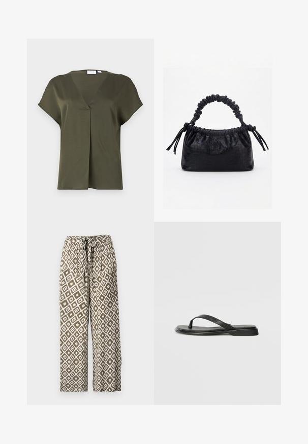 Donkergroen, kortekooien blouse met een V-hals en een plooien aan de voorkant. Glad stof met een relaxte pasvorm en minimale stikdetails.; Geprinte wijde broek in olijfgroen en wit. Heeft een diamanten patroon en een trekkoord in de taille. Gemaakt van lichtgewicht stof.; Zwarte teenflip-flop van glad leer, met een dunne band en een platte zool met een minimalistisch profiel. Geen opvallende patronen of accenten.; Zwarte handtas met krokodillenstructuur, geplooide bovenrand, samengevoerde handgreep en koordtassels aan elke kant tegen een witte achtergrond.