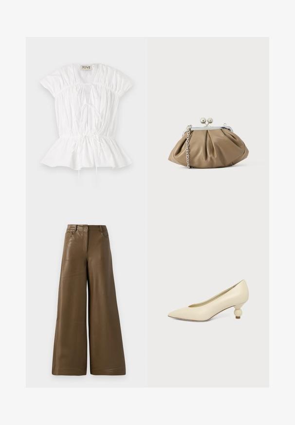 Blouse en coton blanc avec des manches courtes bouffantes, des détails froncés et un avant à nouer. L'ourlet peplum ajoute une silhouette évasée. Étiquette de marque visible.; Pantalons à jambes larges en simili cuir marron lisse. Présentent une taille haute, quatre poches et une fermeture éclair sur le devant. Texture plate et design minimaliste.; Chaussure femme couleur crème à bout pointu avec un petit talon rond en forme de boule, sur fond uni.; Pochette en cuir beige clair à la forme arrondie, texture plissée, fermeture à verrou argentée et bandoulière chaîne amovible.