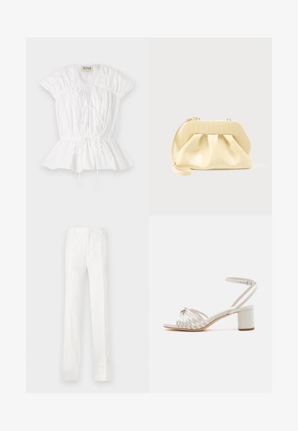 Blouse en coton blanc avec des manches courtes bouffantes, des détails froncés et un avant à nouer. L'ourlet peplum ajoute une silhouette évasée. Étiquette de marque visible.; Pantalon blanc à jambe droite en tissu léger. Doté d'un devant plat, de passants de ceinture et sans motifs ni décorations visibles.; Sandale à talon bloc en crème avec design de bride torsadée, texture lisse, bride de cheville réglable et bout ouvert.; Pochette en cuir couleur crème avec un cadre supérieur structuré et une lanière pour poignet, présentée sur un fond clair uni.