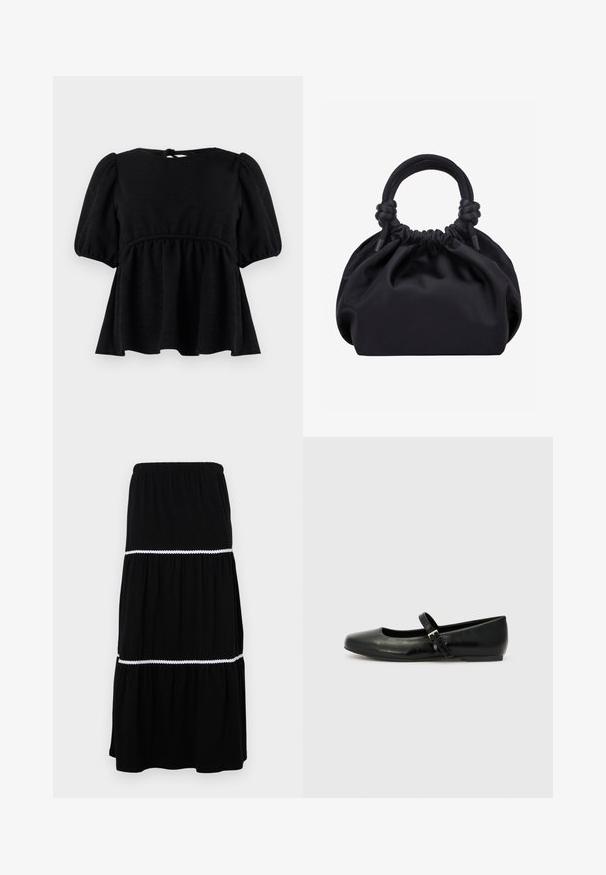 Blouse noire à manches courtes avec une finition texturée, encolure ronde, taille élastique et détail de lien dans le dos. Silhouette évasée.; Jupe maxi noire à niveaux en tissu doux ; dotée d'une taille élastique et d'une bordure festonnée blanche entre les niveaux pour une touche de détail supplémentaire.; Ballerines en cuir noir avec un bout arrondi, une semelle plate et une fine sangle ajustable sur le cou-de-pied avec une boucle en métal.; Sac à main en tissu noir doux avec haut froncé et poignées circulaires rembourrées nouées de chaque côté.