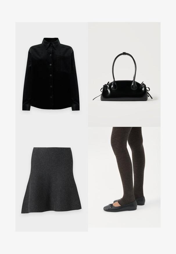 Chemise en velours côtelé noire à manches longues, avec un col classique, une fermeture à boutons sur le devant et une poche poitrine. Présente une texture côtelée sur l'ensemble.; TOM TAILOR DENIM SKATER - Jupe trapèze - shale grey; Jambes portant des leggings côtelés foncés associés à des ballerines noires avec de petits détails en nœud sur fond blanc.; Petit sac à main noir brillant avec deux longues anses et des détails à cordon sur les côtés sur un fond clair uni.