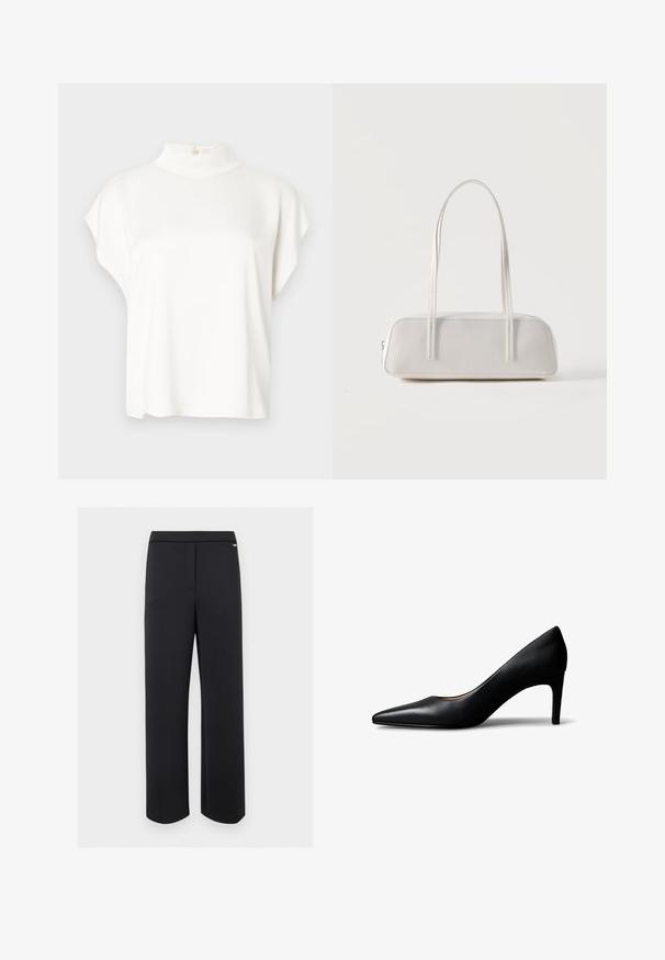 Haut blanc à manches courtes avec un col montant, fabriqué en tissu doux. Doté d'un détail de bouton à l'arrière du col. Silhouette simple et décontractée.; Pantalon noir droit avec une fermeture frontale dissimulée et un petit logo métallique près de la ceinture sur fond blanc.; Escarpin pour femme en cuir noir à bout pointu avec talon moyen, présenté de profil sur un fond blanc.; Sac d'épaule rectangulaire blanc avec des bretelles longues et fines, couture minimale, et fermeture éclair sur un fond uni.
