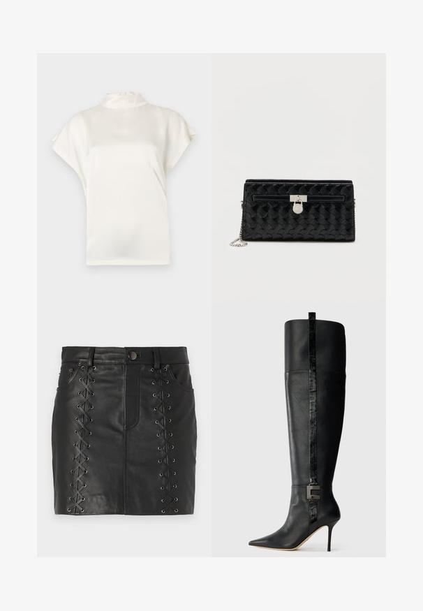 Blouse crème à col haut, à manches courtes, en tissu lisse. Présente un léger éclat et une fermeture à bouton à l'arrière de l'encolure.; Mini-jupe en cuir noir avec un laçage sur les côtés agrémenté d'œillets en métal, design à cinq poches et silhouette ajustée.; Bottines en cuir noires, montantes jusqu'au genou, à talons aiguilles avec un bout pointu, une bande verticale brillante et un détail de boucle en métal à l'avant, sur fond clair uni.; Sac à main en cuir noir avec un motif texturé en forme d'ondulations, doté de ferrures argentées et d'une bandoulière en chaîne. Poche avant zippée avec un fermoir décoratif.