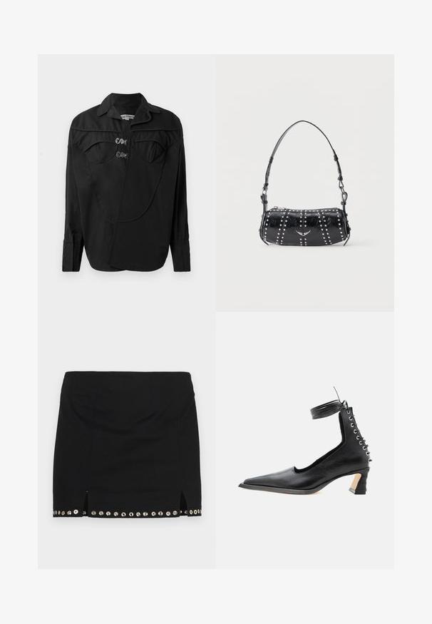 Sort button-up skjorte med en struktureret front, der har overlay-detaljer, to brystlommer og krave. Lavet af et glat stof med en mat overflade.; Ludovic de Saint Sernin LISETTE - Mini skirts - black; Sort lavhælet lædersko med spids tå, snøredetalje bagpå og ankelrem mod en ensartet hvid baggrund.; Sort skuldertaske i laklæder med sølvnitter i lodrette rækker og et lille sølvfugleemblem midt på fronten.