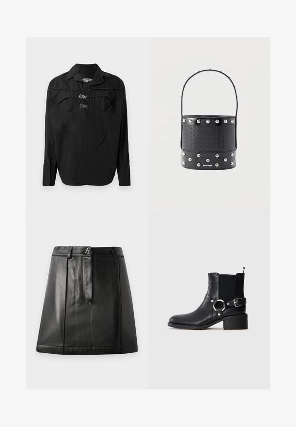 Zwarte button-up shirt met een gestructureerde voorkant met overlay-details, dubbele borstzakken en een kraag. Gemaakt van een gladde stof met een matte afwerking.; Zwarte leren rok met een gestructureerde vorm, voorzien van een voorkantzak en een metalen accent op de taille. Gladde textuur en gestikte details.; Zwarte leren enkelboot met zijgesp en ringdetail, elastische zijpaneel, lage blokhak en trek lipje op een effen achtergrond.; Zwarte emmertas met geweven textuur, zilverkleurige studaccenten en een slank handvat. Voorzien van merklogo aan de voorkant en een glad leren bodem.