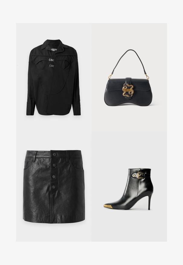 Zwarte button-up shirt met een gestructureerde voorkant met overlay-details, dubbele borstzakken en een kraag. Gemaakt van een gladde stof met een matte afwerking.; Zwarte leren rok met een hoge tailleband, knoopsluiting aan de voorkant, twee zijzakken en een licht A-lijnvorm. Gestructureerde afwerking.; Zwarte enkellaars van glanzend leer met een spits toelopende neus, naaldhak en goudkleurige sierhardware met een decoratieve gespdetail.; Zwarte leren handtas met een gebogen vorm, een enkele handgreep en een gouden slangenvormige gesp met label "Just Cavalli" op een effen achtergrond.