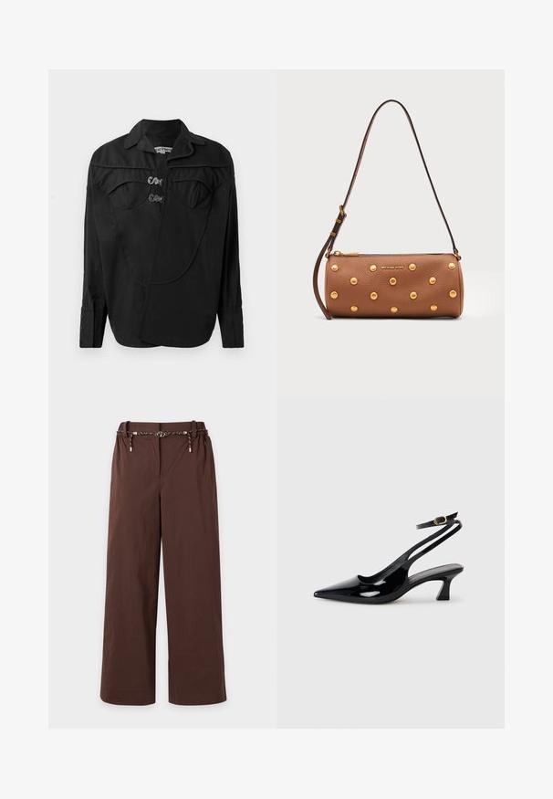 Camisa negra de botones con un frente estructurado que presenta detalles superpuestos, bolsillos dobles en el pecho y cuello. Confeccionada en una tela suave con acabado mate.; Pantalones marrones de pata ancha con cintura elástica y un cinturón de cordón negro y blanco con detalles dorados, mostrados sobre un fondo claro.; Zapatos de tacón de charol negro con punta afilada, tacón bajo tipo bloque y correa ajustable en el tobillo con un hebilla dorada.; Bolso cilíndrico de cuero marrón con tachuelas doradas, correa ajustable y logo dorado de Michael Kors en el frente.