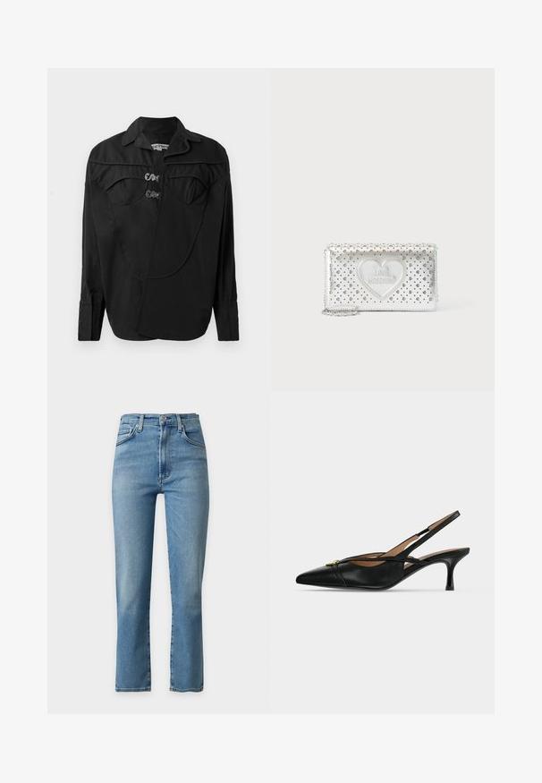 Sort button-up skjorte med en struktureret front, der har overlay-detaljer, to brystlommer og krave. Lavet af et glat stof med en mat overflade.; Lyseblå jeans med høj talje, knapper og lynlås foran, for- og baglommer, lige ben.; Sort læder spids slingback sko med lav killingehæl og guldbeslag foran.; Sølvfarvet rektangulær clutch med hjerteformede udskæringer, kæderem og præget "LOVE MOSCHINO" indeni et stort hjerte på frontklappen.