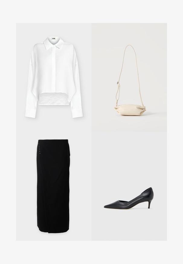 Chemise blanche à manches longues boutonnée, col pointu et ourlet légèrement raccourci et arrondi, présentée sur un fond clair uni.; Jupe midi noire portefeuille à silhouette droite, ornée de petits clous argentés à la hanche gauche, présentée sur fond blanc uni.; Escarpin en cuir noir avec un bout pointu et un talon bas. Présente une texture lisse et un éclat subtil. Découpe ouverte à l'avant pour un détail supplémentaire.; Petit sac bandoulière en cuir beige avec sangle ajustable, présenté sur un fond clair uni.