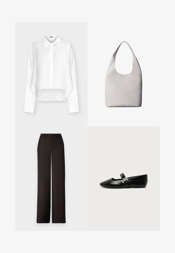 Chemise blanche à manches longues boutonnée, col pointu et ourlet légèrement raccourci et arrondi, présentée sur un fond clair uni.; Pantalons noirs à jambes larges avec un devant plat, passants de ceinture et une texture lisse, conçus pour un ajustement près du corps. Aucun matériel ou motif visible.; Chaussure plate Mary Jane en cuir noir avec bout arrondi et bride à boucle argentée sur fond uni.; Sac fourre-tout en cuir blanc avec une bandoulière unique, texture douce et logo discret Calvin Klein près du centre en bas.