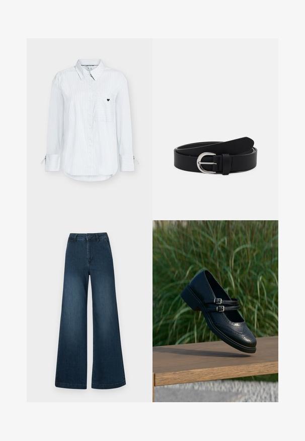 Chemise blanche à rayures avec boutons, manches longues, une poche poitrine ornée d'un petit motif en forme de cœur, et des poignets de manches ajustables.; Jean en denim bleu foncé, taille haute et jambes larges, avec poches avant et passants de ceinture sur fond blanc.; Chaussure Mary Jane en cuir noir avec doubles brides bouclées et détails brogue, flottant au-dessus d'un banc en bois avec en arrière-plan de l'herbe verte.; Ceinture en cuir noir avec une boucle ronde en métal argenté, design plat, extrémité effilée, texture lisse et style minimaliste.