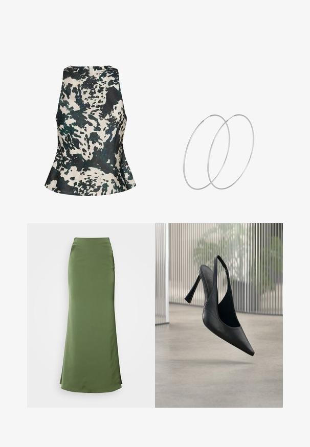 Gestuz GZCERI P - Bluse - green ox; Lang, tætsiddende nederdel i olivengrøn, lavet af glat stof. Har en høj talje og en let udvidet kant i bunden.; Sort læder slingback stilet hælsko med spids tå, svævende over en glat beton gulv og vertikal metal panel baggrund.; Sølvøreringe med et minimalistisk design. Cirkulær form, glat tekstur og tynd profil. Letvægtige med en poleret overflade.