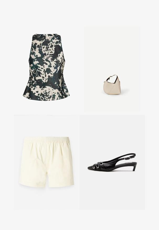 Gestuz GZCERI P - Bluse - green ox; Lysegule bomuldsshorts med elastisk talje, der har en afslappet pasform og glat tekstur, uden synlige mønstre eller detaljer.; Sort læder slingback sko med spids tå, tre sølvspænder på forsiden og lav lille hæl på hvid baggrund.; Beige læder håndtaske i halvmåneform med en enkelt skulderrem og minimal syning, sat mod en ensartet hvid baggrund.