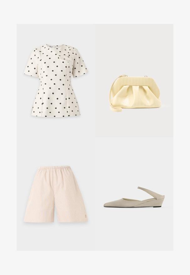 Blouse blanche à manches courtes avec des pois noirs, col rond, coupe structurée et une petite poche à rabat sur la poitrine.; Short beige et blanc à rayures verticales, coupe ample, taille élastique, longueur au genou, présenté à plat sur fond blanc.; Chaussure slingback beige à petit talon compensé, bout pointu et finition mate lisse, présentée de profil sur fond blanc.; Pochette en cuir couleur crème avec un cadre supérieur structuré et une lanière pour poignet, présentée sur un fond clair uni.