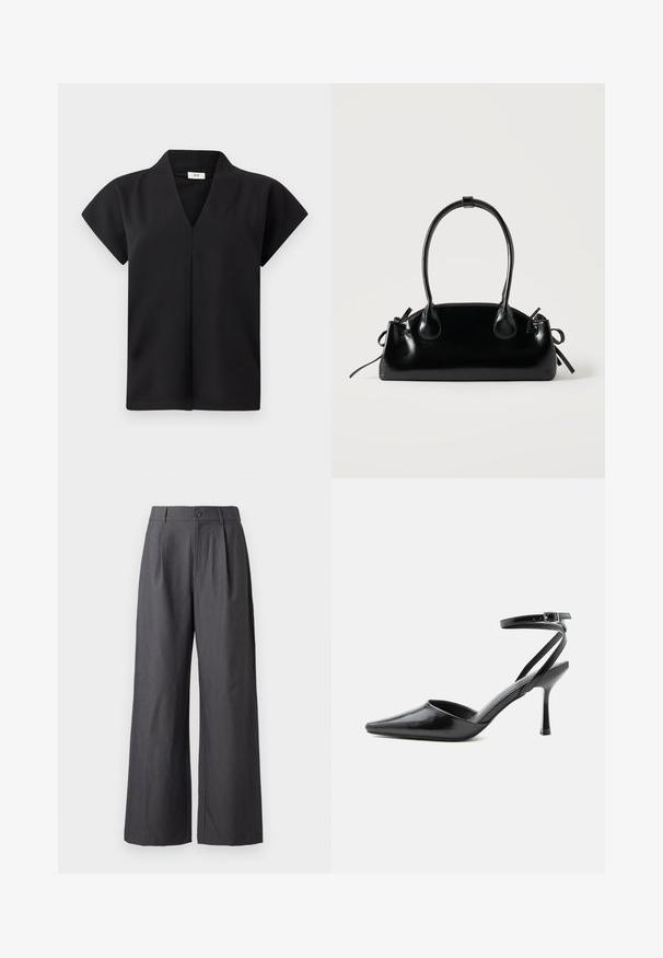 Haut noir à manches courtes avec un col en V, confectionné dans un tissu lisse, présentant une coupe simple sans ornements visibles.; Pantalon gris foncé à jambes larges avec plis, passants de ceinture et fermeture par bouton à la taille, présenté sur un fond uni.; Escarpin noir à bout pointu avec fines brides de cheville et fermeture à boucle argentée sur fond clair uni.; Petit sac à main noir brillant avec deux longues anses et des détails à cordon sur les côtés sur un fond clair uni.