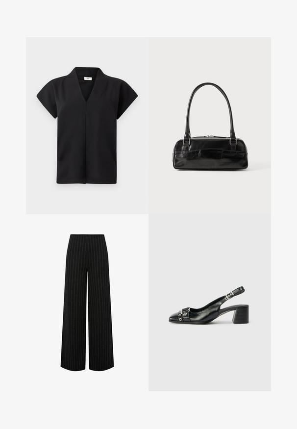 Haut noir à manches courtes avec un col en V, confectionné dans un tissu lisse, présentant une coupe simple sans ornements visibles.; Pantalon noir à jambes larges avec des fines rayures verticales blanches et une taille haute, présenté à plat sur un fond blanc.; Sandale à talon en cuir noir avec un bout pointu, une sangle texturée ornée d'accents métalliques circulaires et un talon empilé.; Sac à main en cuir noir de forme rectangulaire, doté d'une seule ansse structurée, de quincaillerie argentée et d'une fermeture éclair. Texture lisse.