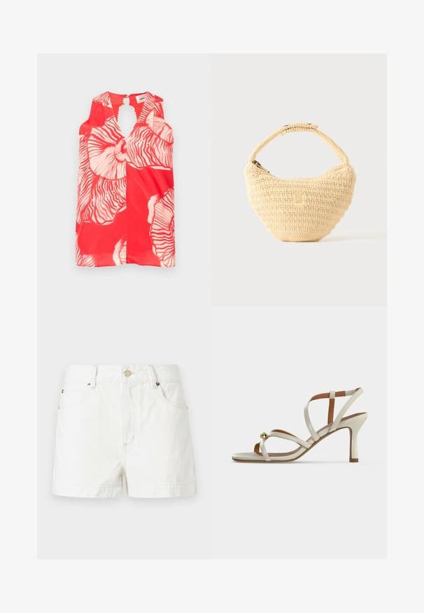 Haut sans manches rouge avec de grands motifs floraux blancs et une découpe en forme de clé au niveau du col. Tissu texturé et léger.; Shorts en denim blanc au design classique, avec des poches avant et des garnitures en métal doré sur le bouton et les rivets. Texture lisse, ourlet replié.; Sandale à talon haut beige avec des fines lanières croisées sur le pied et une petite boule décorative dorée près des orteils.; Sac à main beige tissé avec corps arrondi, fermeture éclair et une sangle courte et épaisse dans un style crochet simple et texturé.