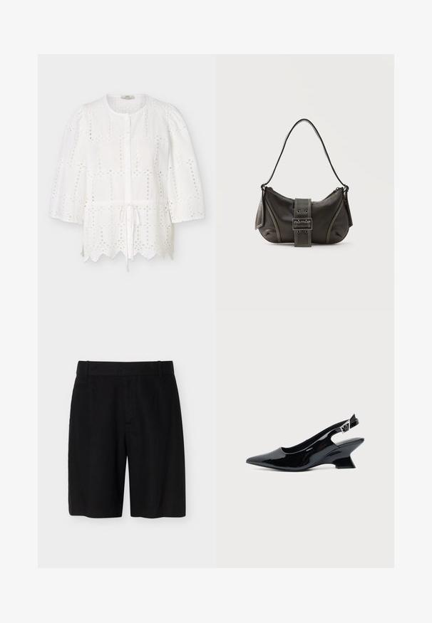 Blouse blanche en broderie anglaise avec encolure ronde, boutons sur le devant, manches bouffantes trois-quarts, taille à cordon et ourlet festonné.; Shorts noirs sur mesure longueur genou avec passants de ceinture, poches avant et taille plate sur un fond clair uni.; Chaussure slingback en cuir verni noir avec bout pointu et petit talon bloc incliné sur fond clair uni.; Sac à épaule en cuir noir avec une sangle à boucle, des bords arrondis et des coutures blanches contrastées sur un fond uni.