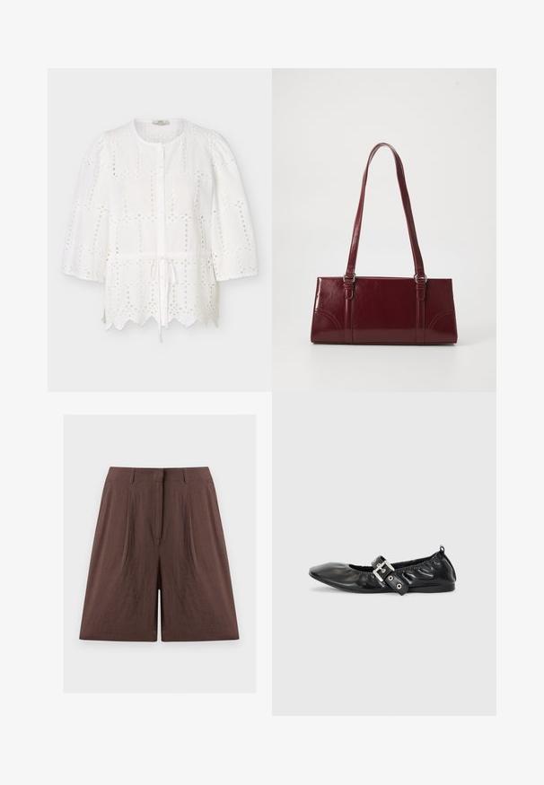 Blouse blanche en broderie anglaise avec encolure ronde, boutons sur le devant, manches bouffantes trois-quarts, taille à cordon et ourlet festonné.; Shorts marron taille haute cintrés avec passants de ceinture, fermeture éclair à l’avant et coupe jambes larges sur un fond uni clair.; Chaussure plate en cuir noir avec un nez pointu, des détails froncés autour de l'ouverture et un accent en boucle argentée sur la bride ajustable.; Sac à main bordeaux en matériau brillant, de forme rectangulaire, avec deux anses et des accents légèrement courbés à l'avant.