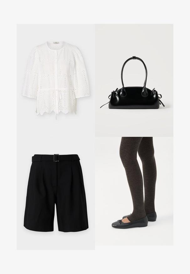 Blouse blanche en broderie anglaise avec encolure ronde, boutons sur le devant, manches bouffantes trois-quarts, taille à cordon et ourlet festonné.; Shorts noirs ajustés avec une texture lisse, dotés d'une large taille et d'un détail en boucle en métal. Design structuré et plissé à l'avant.; Jambes portant des leggings côtelés foncés associés à des ballerines noires avec de petits détails en nœud sur fond blanc.; Petit sac à main noir brillant avec deux longues anses et des détails à cordon sur les côtés sur un fond clair uni.