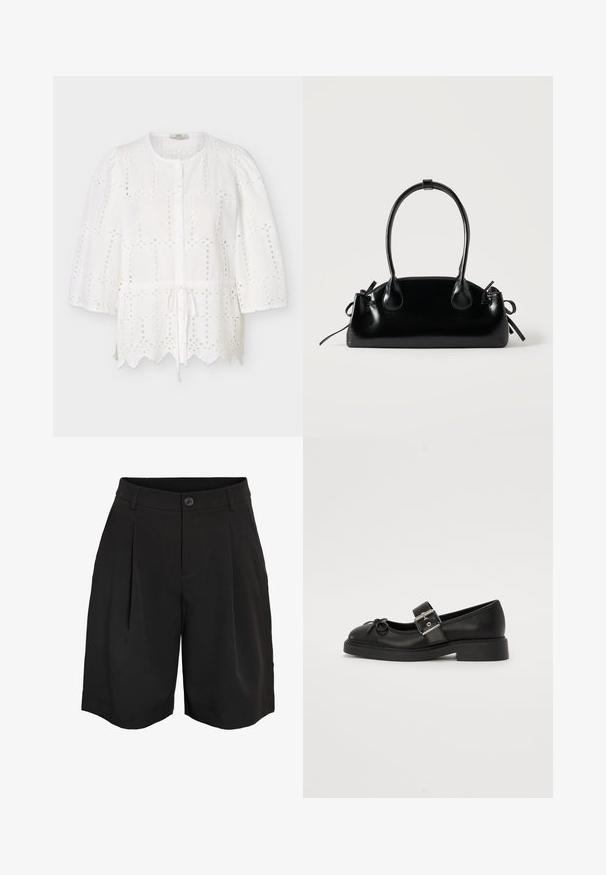 Blouse blanche en broderie anglaise avec encolure ronde, boutons sur le devant, manches bouffantes trois-quarts, taille à cordon et ourlet festonné.; Shorts noirs sur mesure à genoux avec fermeture à boutons, passants pour ceinture et plis avant.; Chaussure Mary Jane en cuir noir avec un bout arrondi, une sangle à la cheville et des détails en boucle argentée. Présente une semelle plate et épaisse ainsi qu'un accent en nœud.; Petit sac à main noir brillant avec deux longues anses et des détails à cordon sur les côtés sur un fond clair uni.