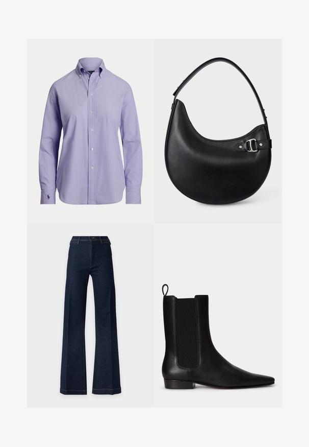 Men's long-sleeve light purple button-down shirt with buttoned collar and embroidered logo on the left cuff.; Dark blue high-waist wide-leg jeans with belt loops and visible front seams on a plain light background.; Black leather ankle boot with elastic side panel, pull tab at the back, low heel, and pointed toe.; Black crescent-shaped leather handbag with a single adjustable shoulder strap and silver buckle detail on the side.