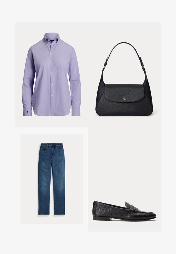 Herre langærmet lyse lilla skjorte med knapper, knappet krave og broderet logo på venstre manchet.; Straight-leg blå denim jeans med fem lommer, knaplukning og subtil falmning på lår og knæ, lagt fladt på hvid baggrund.; Sort tekstureret læderloafer med lav hæl og klassisk penny-stropdetalje, vist i profil mod en ensfarvet lys baggrund.; Sort tekstureret læder skuldertaske med en buet klap og guld "RL" logo foran, med en justerbar rem med guldfarvet hardware.