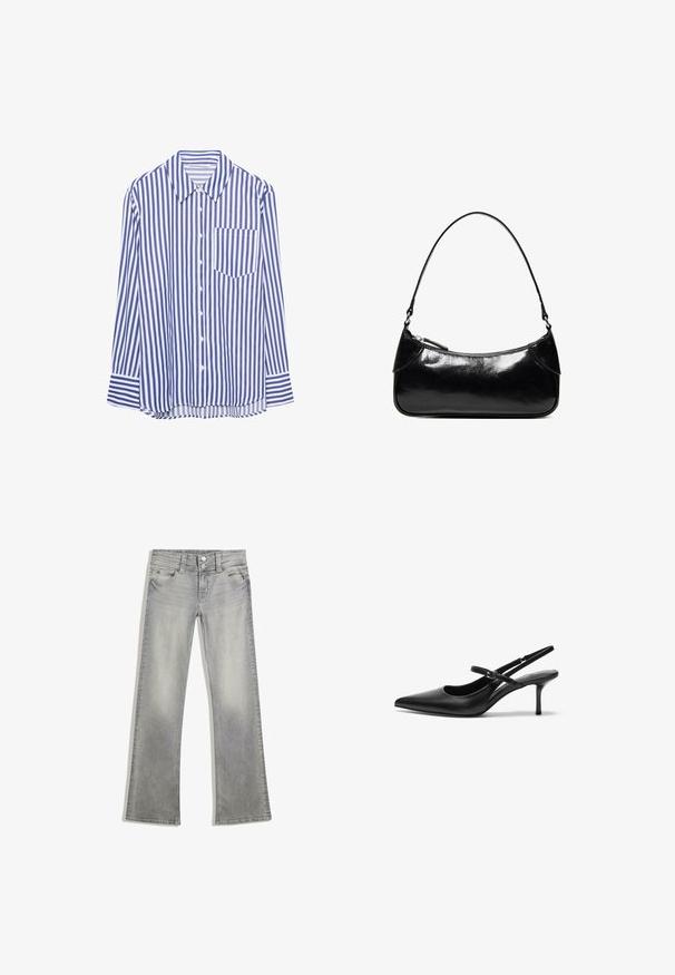 Chemise à manches longues bleu et blanche à rayures verticales, avec un col pointu et une poche poitrine, posée à plat sur un fond blanc.; Jeans flare en denim gris avec une finition délavée, dotés d'une fermeture à bouton, de cinq poches et de coutures le long de la taille et de l'ourlet.; Talons aiguilles noires en cuir avec un bout pointu, une fine bride réglable, et un talon aiguille d'environ 5 cm, texture lisse.; Sac à épaule en cuir noir brillant avec un seul compartiment zippé et une fine bandoulière arquée.