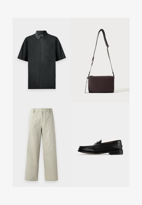 Lühikeste varrukatega must nööbiga särk, mis on valmistatud siledast kangast, ühe rinnakoti ja esiosal peene tikandiga.; Han Kjøbenhavn WIDE LEG - Püksid - light grey; Meeste must nahast loafer madala kontsa ja mokasiini-tüüpi õmblusega varbaosas, küljelt vaadatuna, ühevärvilise taustaga.; Tumepruun tekstureeritud nahast üle õla kantav kott, reguleeritava rihmaga ja väikese sinise dekoratiivse aktsendiga küljes.