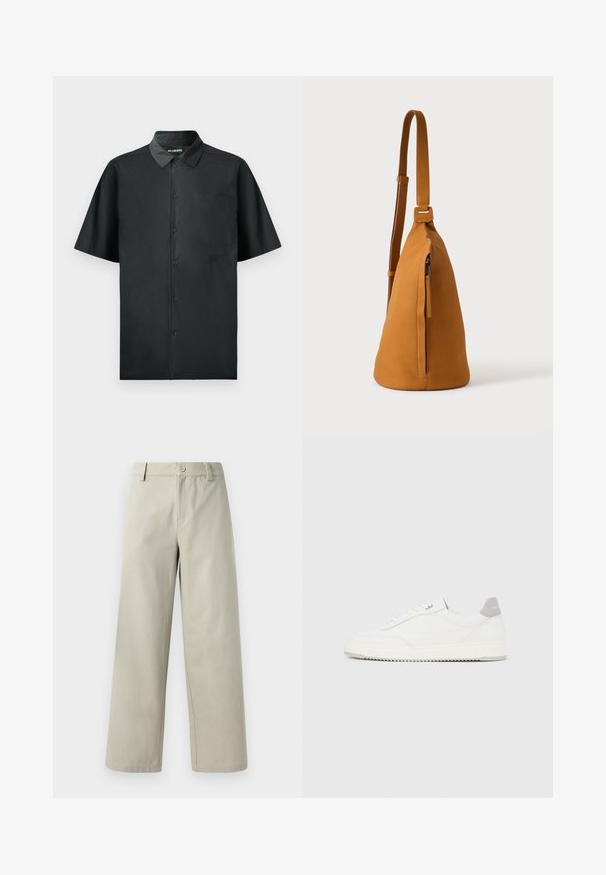 Camisa negra de botones de manga corta, hecha de una tela suave, que cuenta con un solo bolsillo en el pecho y un sutil bordado en la parte delantera.; Han Kjøbenhavn WIDE LEG - Pantalones - light grey; Zapatilla blanca de corte bajo con pestaña en el talón gris, cordones blancos y suela texturizada, presentada sobre un fondo claro y liso.; Bolso bandolera de piel color canela con correa ajustable y bolsillo vertical con cremallera, mostrado de lado sobre un fondo claro y liso.