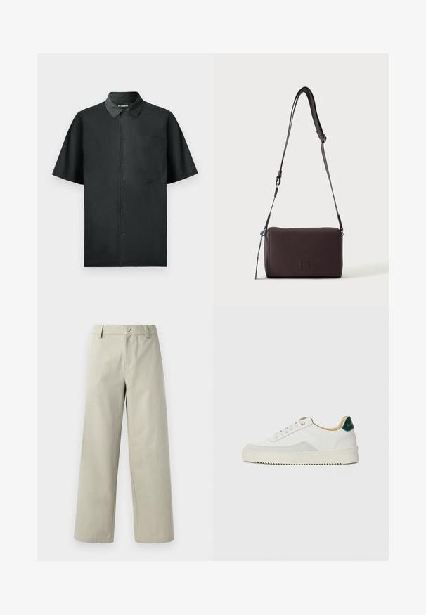 Kortærmet sort skjorte med knapper lavet af glat stof, med en enkelt brystlomme og subtil broderet detalje på forsiden.; Han Kjøbenhavn WIDE LEG - Bukser - light grey; Hvide sneakers med ruskindsdetaljer, rund tå, flade snørebånd og en cremet gummisål. Har grøn branding på hælen.; Mørkebrun textured læder crossbody taske med justerbar rem og lille dekorativ blå accent på siden.