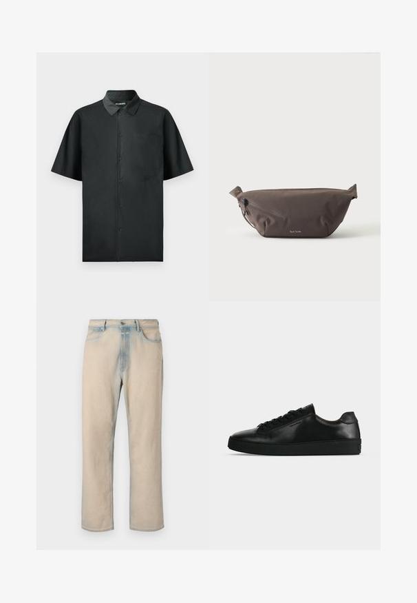 Kortærmet sort skjorte med knapper lavet af glat stof, med en enkelt brystlomme og subtil broderet detalje på forsiden.; Lyse beige denim jeans med lige ben design, falmede blå detaljer, fem lommer og en knaplukning i taljen.; Sort lavtop lædersneaker med sorte snørebånd og en tyk sort sål, vist fra siden på en lysegrå baggrund.; Mørkebrun stof talje taske med diagonalt lynlåslomme og lille hvidt logo på fronten, sat mod en ensfarvet lys baggrund.