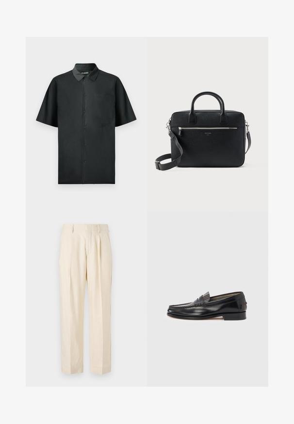 Camisa negra de botones de manga corta, hecha de una tela suave, que cuenta con un solo bolsillo en el pecho y un sutil bordado en la parte delantera.; NN.07 KAY - Pantalones - off white; Mocasines de cuero negro con diseño estilo mocasín, con una banda decorativa y detalles de costura en la parte superior. Tacón bajo y cuadrado.; Maletín rectangular de cuero negro con textura, con doble asa, bolsillo frontal con cremallera y correa de hombro ajustable, mostrado sobre fondo blanco.