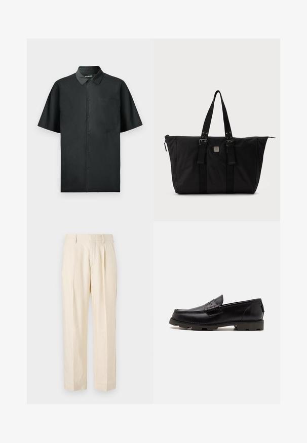 Kortærmet sort skjorte med knapper lavet af glat stof, med en enkelt brystlomme og subtil broderet detalje på forsiden.; NN.07 KAY - Bukser - off white; Sorte læder loafers med rund tå, dekorativ syning og en tekstureret ydersål for bedre greb. Let hævet hæl.; Sort stor skuldertaske med to håndtag, frontspænder og en lille firkantet metal logoplade, vist mod en ensfarvet lys baggrund.