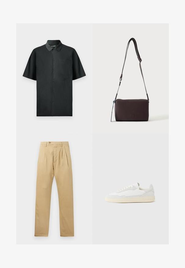 Kortærmet sort skjorte med knapper lavet af glat stof, med en enkelt brystlomme og subtil broderet detalje på forsiden.; CLOSED BERGEN TAPERED - Chino - beige; Hvid sneakers med en øvre del i tekstureret ruskind og læder. Har rundet tå, snørelukning og kontrasterende beige gummisål.; Mørkebrun textured læder crossbody taske med justerbar rem og lille dekorativ blå accent på siden.