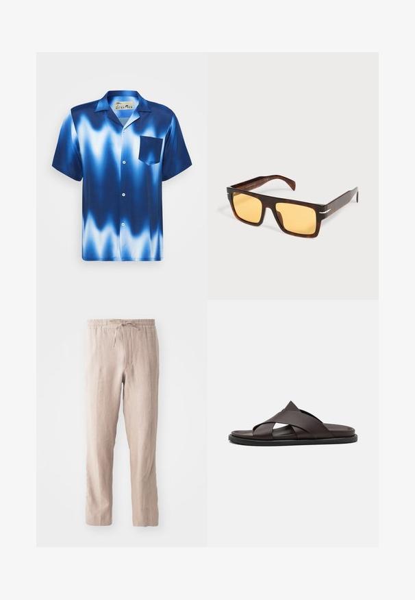 Kortærmet skjorte med knapper i gradient blå med hvide bølger. Har en brystlomme og glat, blankt stof.; Beige linnedbukser med elastisk talje og snor. Lige ben design med en blød tekstur og minimalistisk stil.; Stuart Weitzman BERKLEY - Slip-on sandaler - espresso; Rektangulære solbriller i skildpaddemønster med brede stel og gule linser på en hvid baggrund.