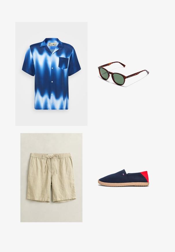 Kortærmet skjorte med knapper i gradient blå med hvide bølger. Har en brystlomme og glat, blankt stof.; Beige afslappede knælange shorts med elastik i taljen, snøre, knaplukning og sidelommer, lagt fladt på en lys baggrund.; Canvas slip-on sko i marineblå med rødt hælaccents, med en vævet jutesål og minimalistisk design. Detaljeret logo på overdelen.; Brune skildpaddedesign solbriller med runde rammer, grønne linser og mønstrede tempelarme. Har brandlogo på en arm.